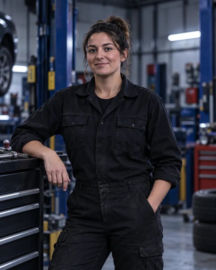 Jo Mercer with her dark hair tied up, smiling in the workshop