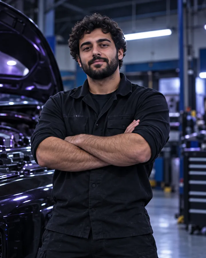 Sami Khoury with dark curly hair and a short beard, arms crossed beside a car