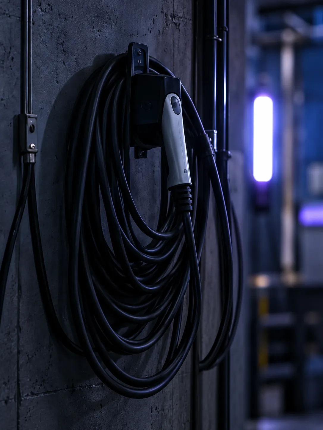A charging cable coiled on a hook on a dark workshop wall beside a tube light