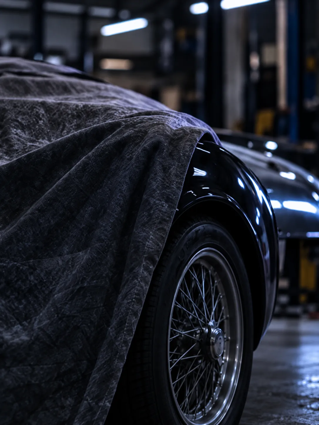 A dust cloth draped over the curved front wing of a classic car