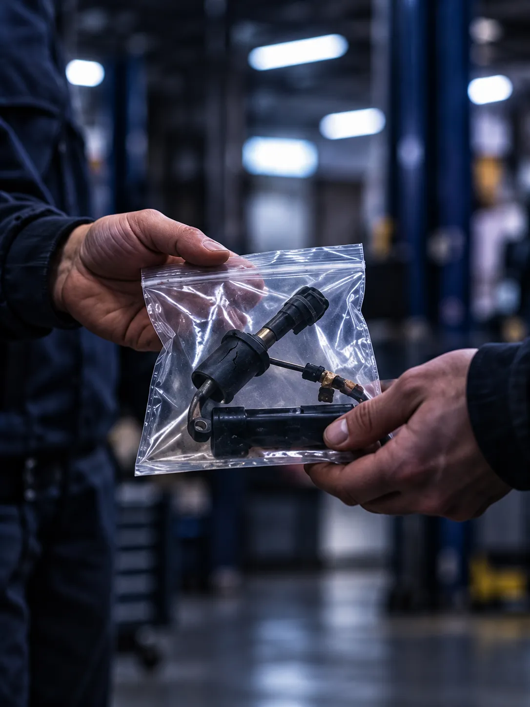 One hand passing another a clear bag holding a small cracked sensor and its lead