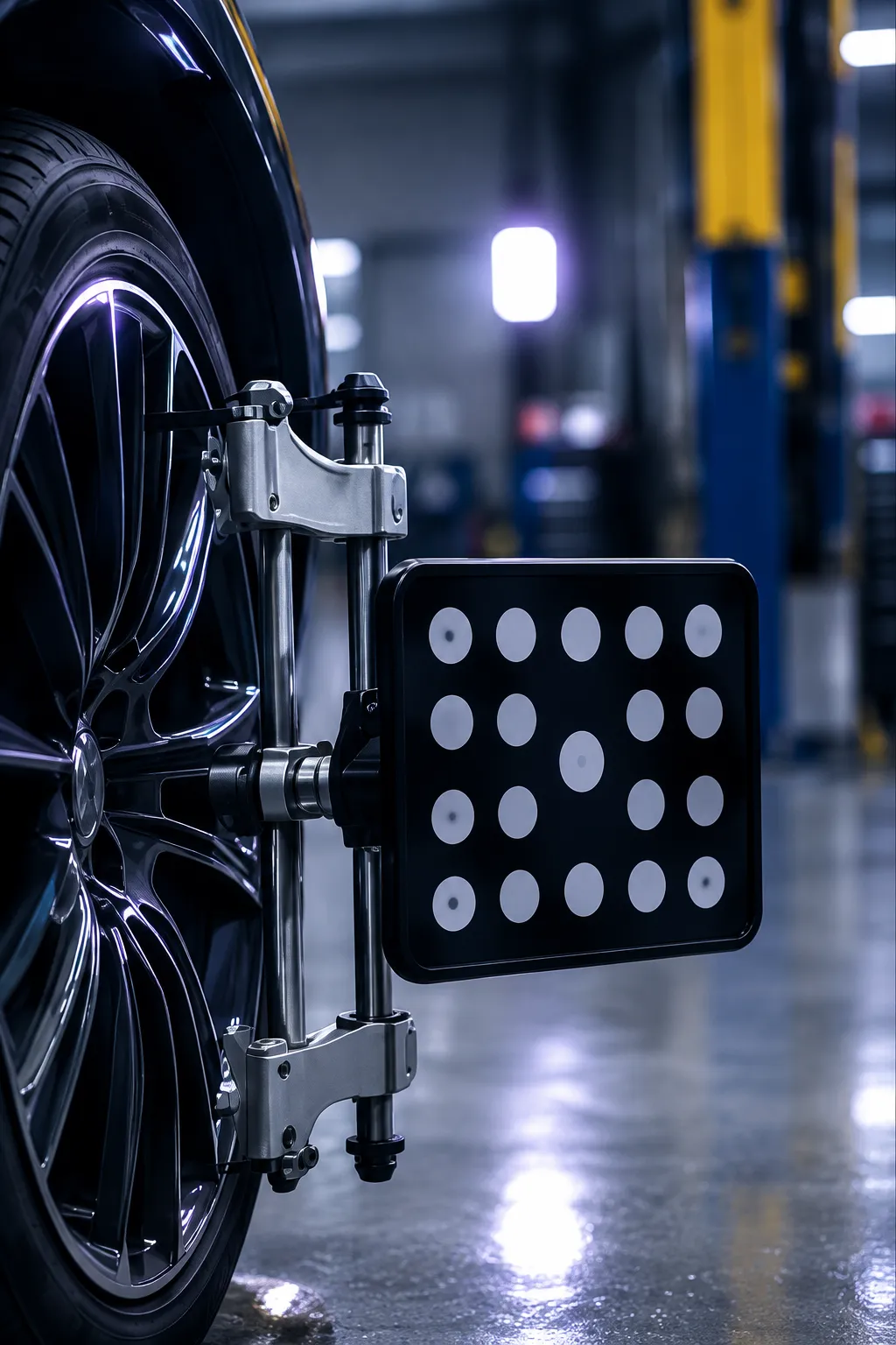 A wheel alignment clamp with a target plate fixed to a car's tyre in a dark workshop