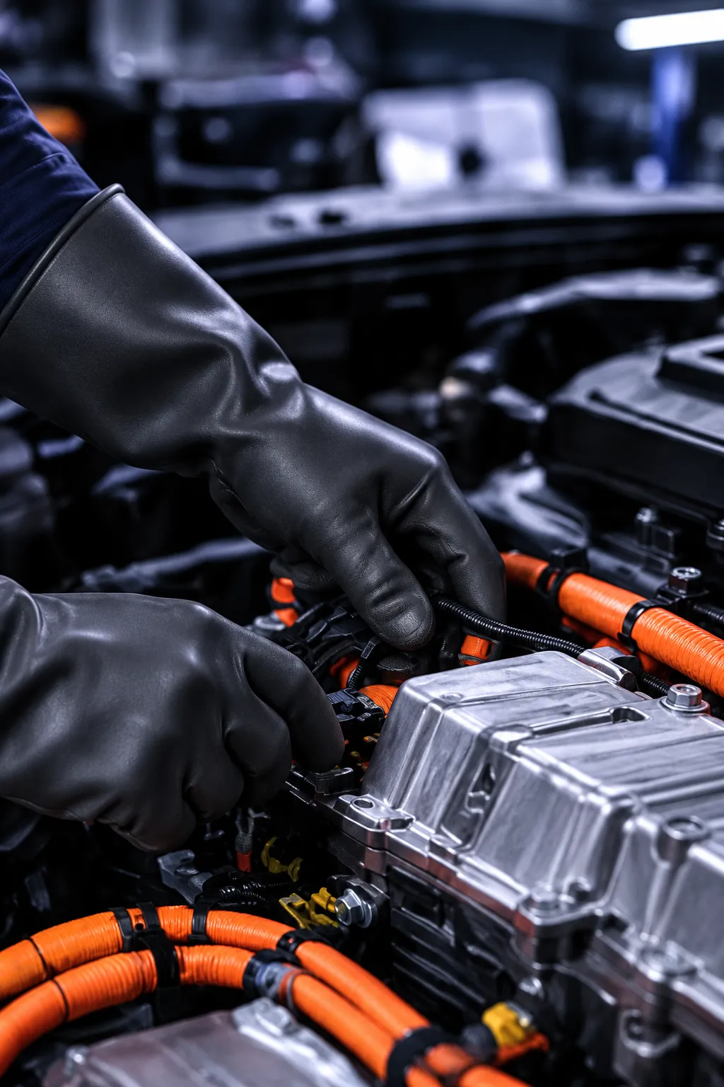 Hands in insulated gloves working on the orange high-voltage cables of an electric car