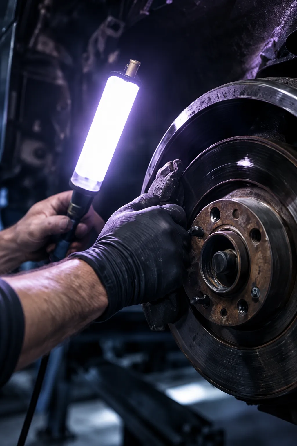 A gloved hand holding an inspection lamp over a wheel hub and brake disc with the wheel off