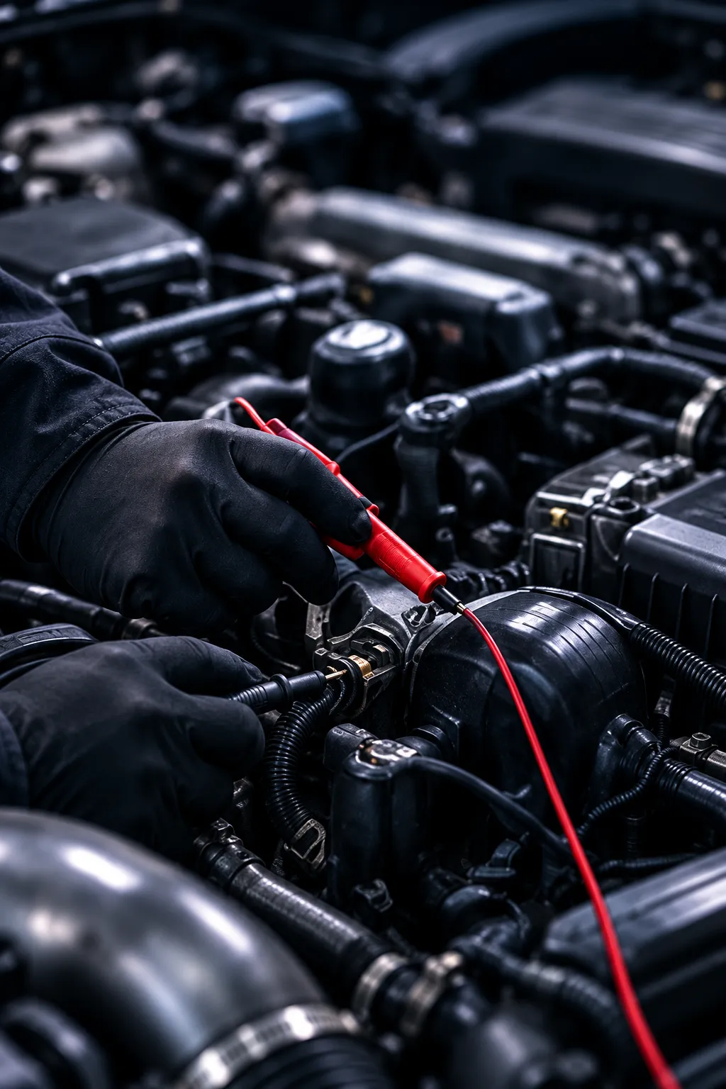 Gloved hands touching red and black test probes to wiring in an engine bay