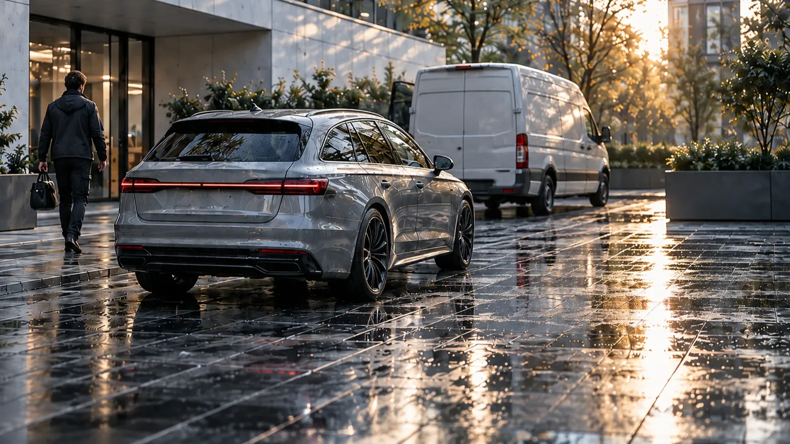 A clean silver estate in an office courtyard after rain, a white van behind it and its owner walking towards the glass entrance