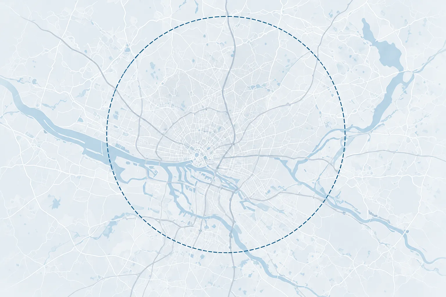 A pale map of the Hamburg region with the Elbe in ice blue and a dashed circle of 30 km around the city
