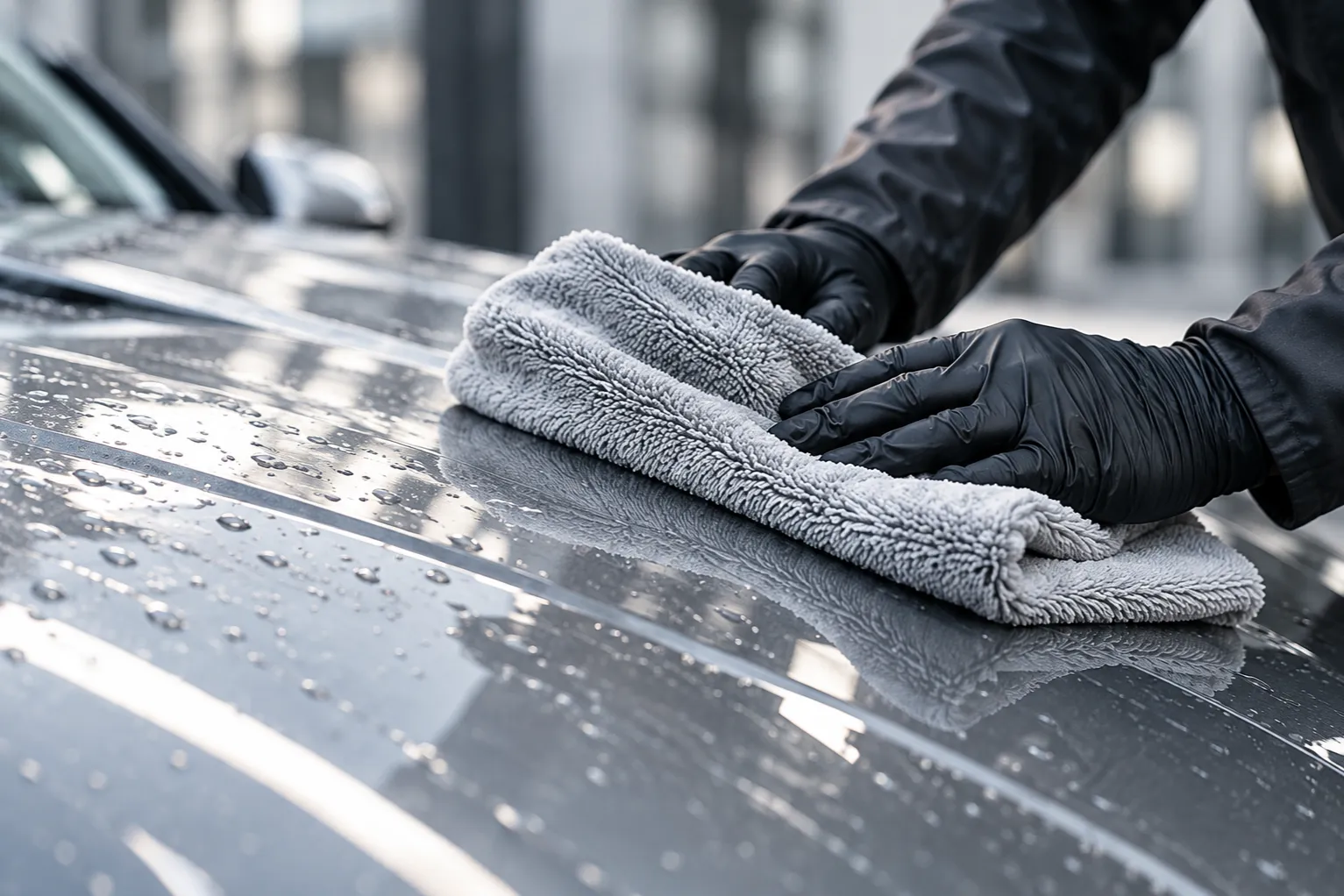 Black-gloved hands folding a pale grey microfibre cloth over a wet, liquid-silver bonnet
