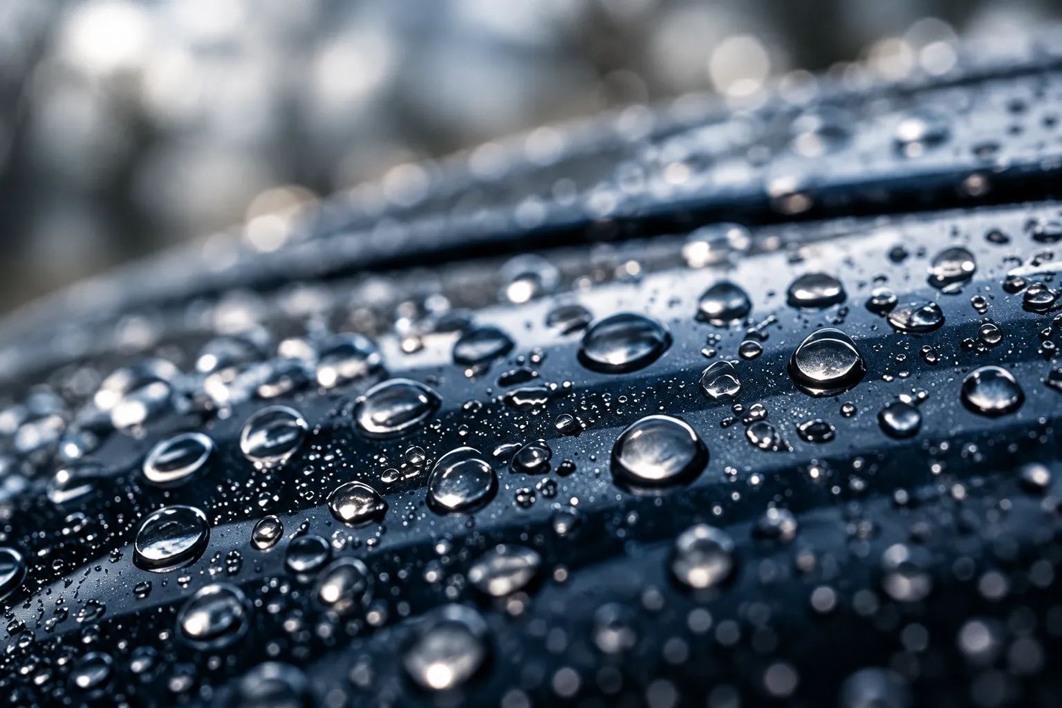 Crisp water beads on dark navy ceramic-coated paint along a curve