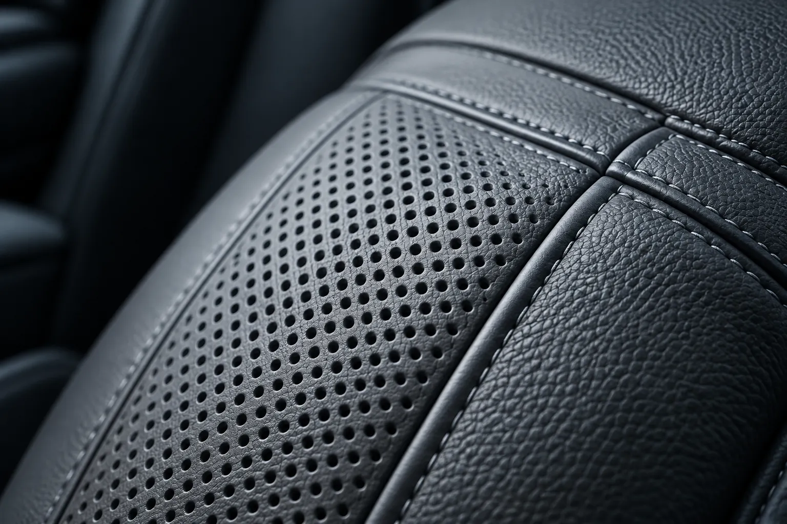 Close-up of a black perforated leather car seat with stitched panels