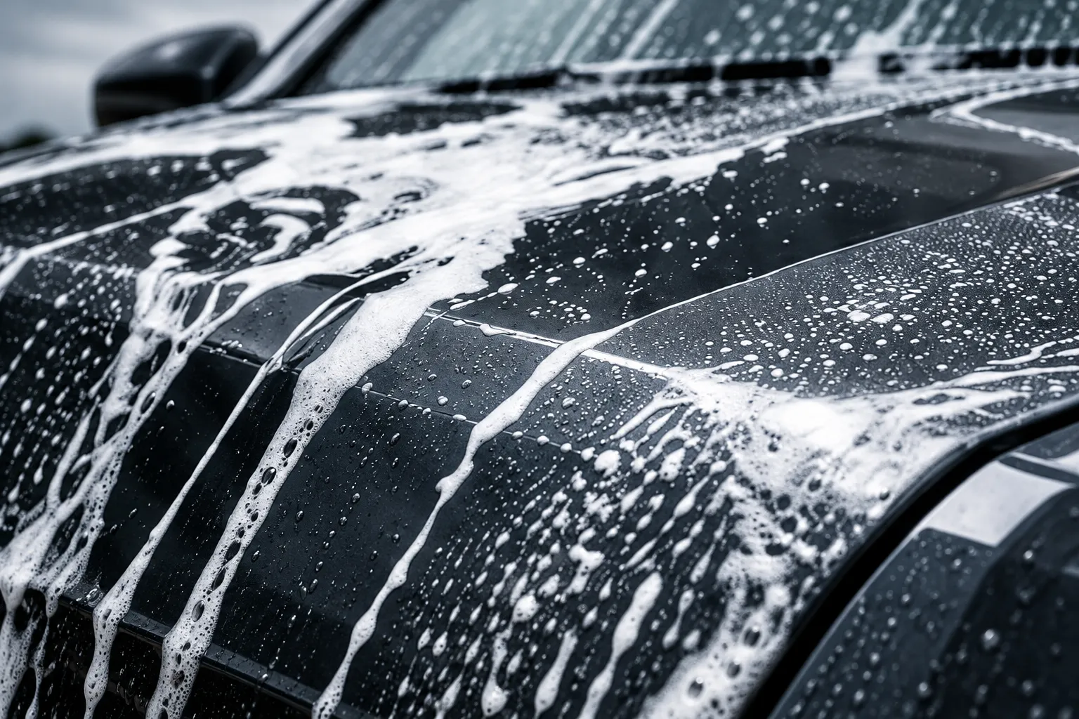White snow foam running down dark, glossy car paint along a body crease