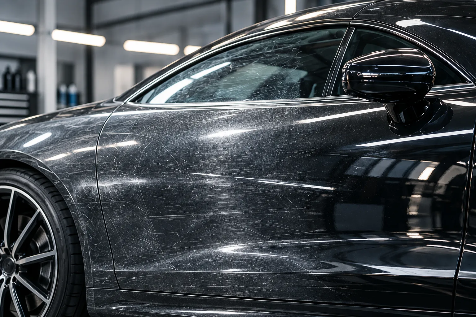 The front door of a black coupé under strip lights, its paint hazy with wash swirls and fine scratches