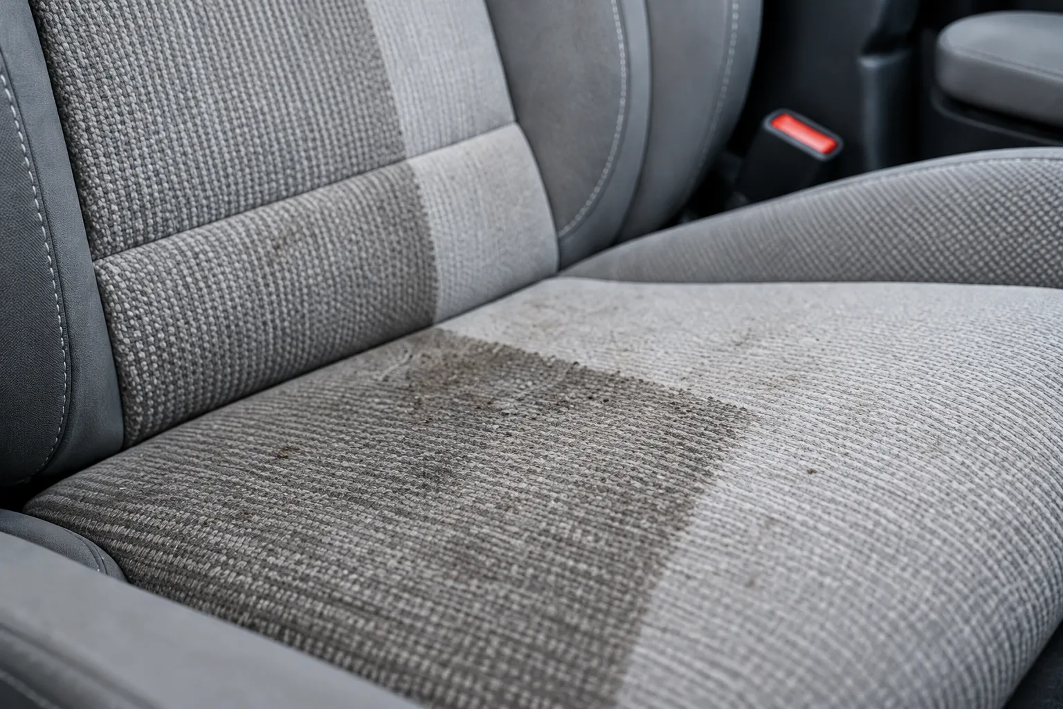 A pale grey fabric car seat with dusty, darker stains across its cushion