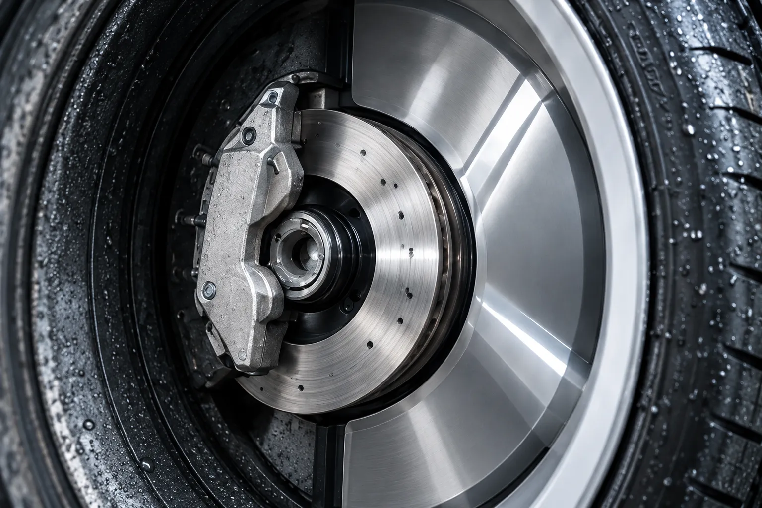 The same alloy wheel cleaned to bright satin metal, water beading on the tyre