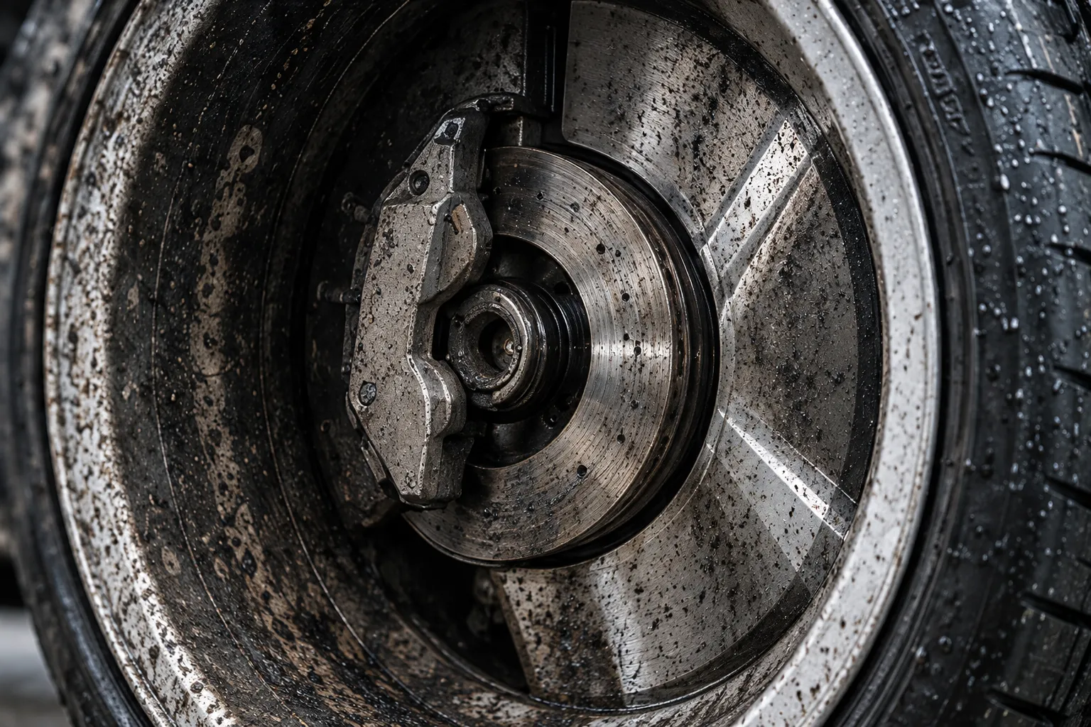 A silver alloy wheel and brake disc caked in dark brake dust and grime