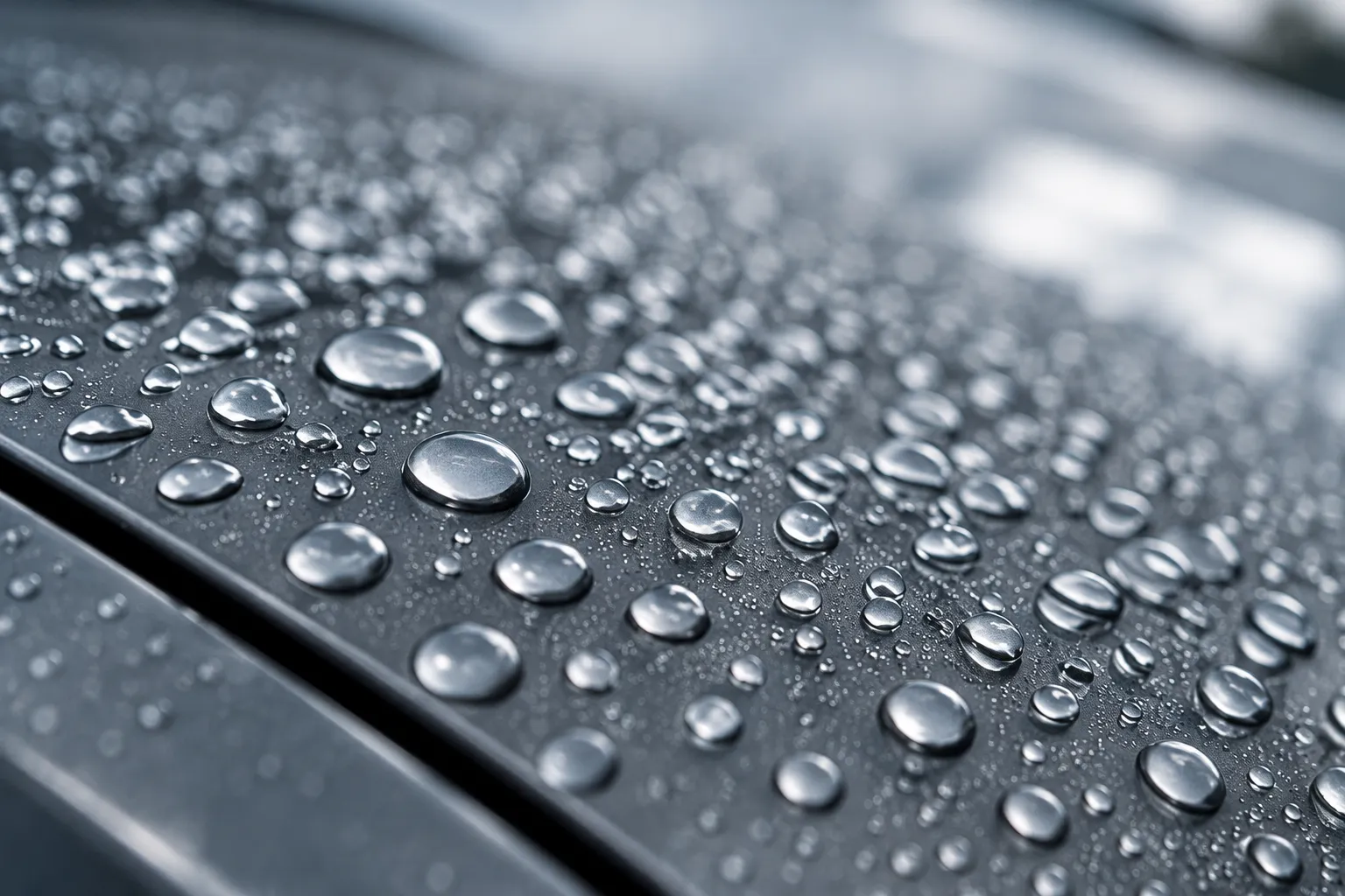 Round water beads standing on dark grey ceramic-coated paint in cool light