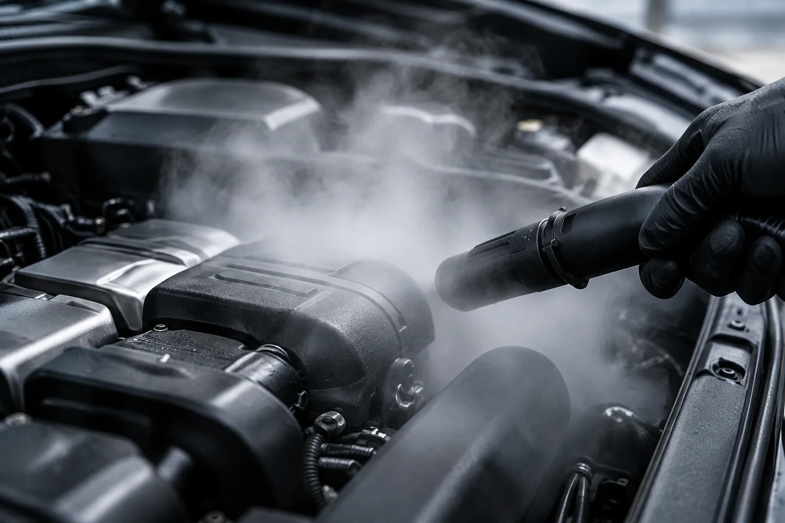 Dry steam drifting from a black nozzle in a gloved hand over a clean, dark engine bay