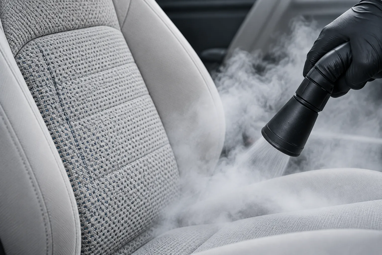 Steam rising from a pale grey fabric car seat as a gloved hand passes a black steam nozzle over it