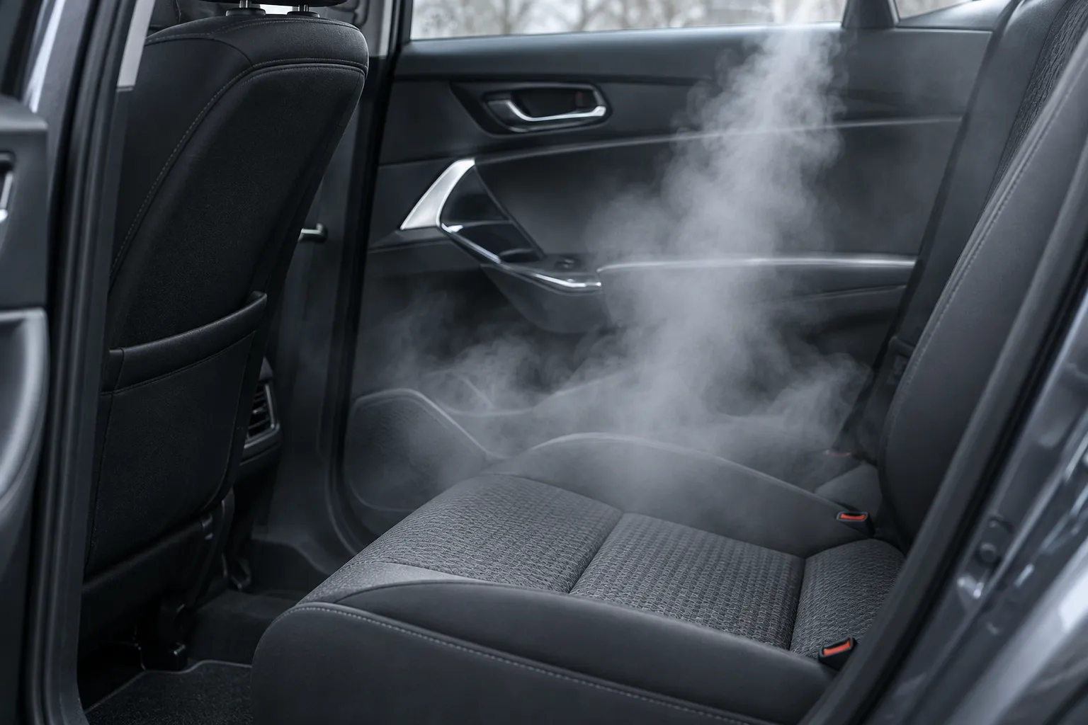 A soft column of white mist drifting through the dark grey rear cabin of a car, seen through the open door