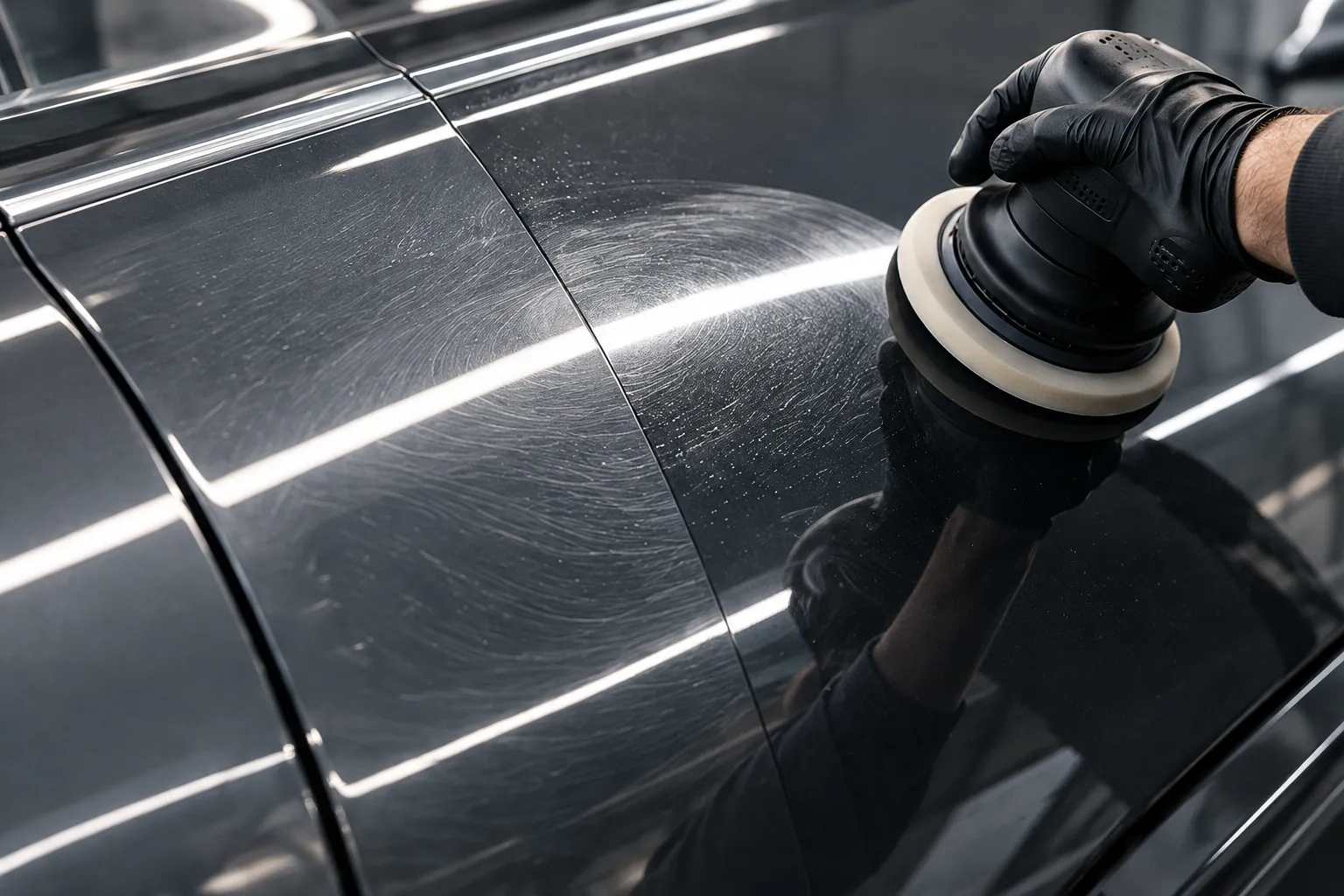 A black-gloved hand pressing a polisher with a cream pad onto a graphite panel, swirls on one side, a mirror finish on the other
