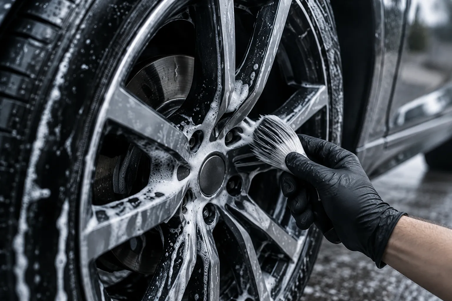 A black-gloved hand brushing soapy foam between the spokes of a dark alloy wheel