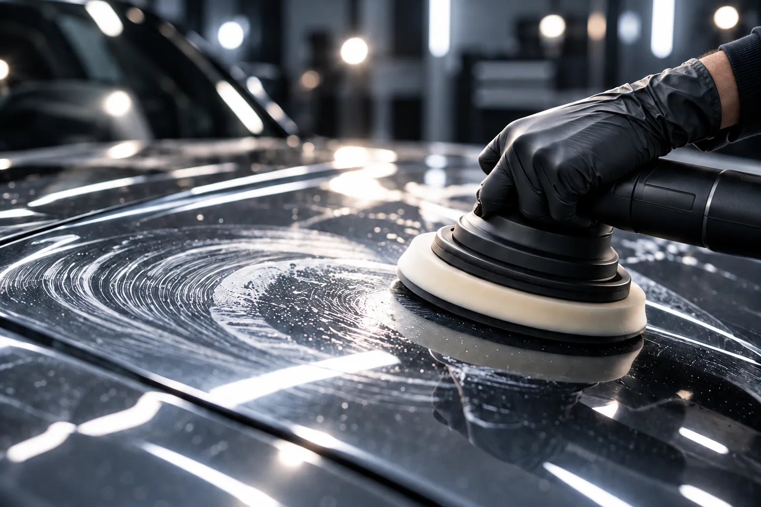 A black-gloved hand guiding a polisher with a cream pad across a liquid-grey bonnet under a soft work light