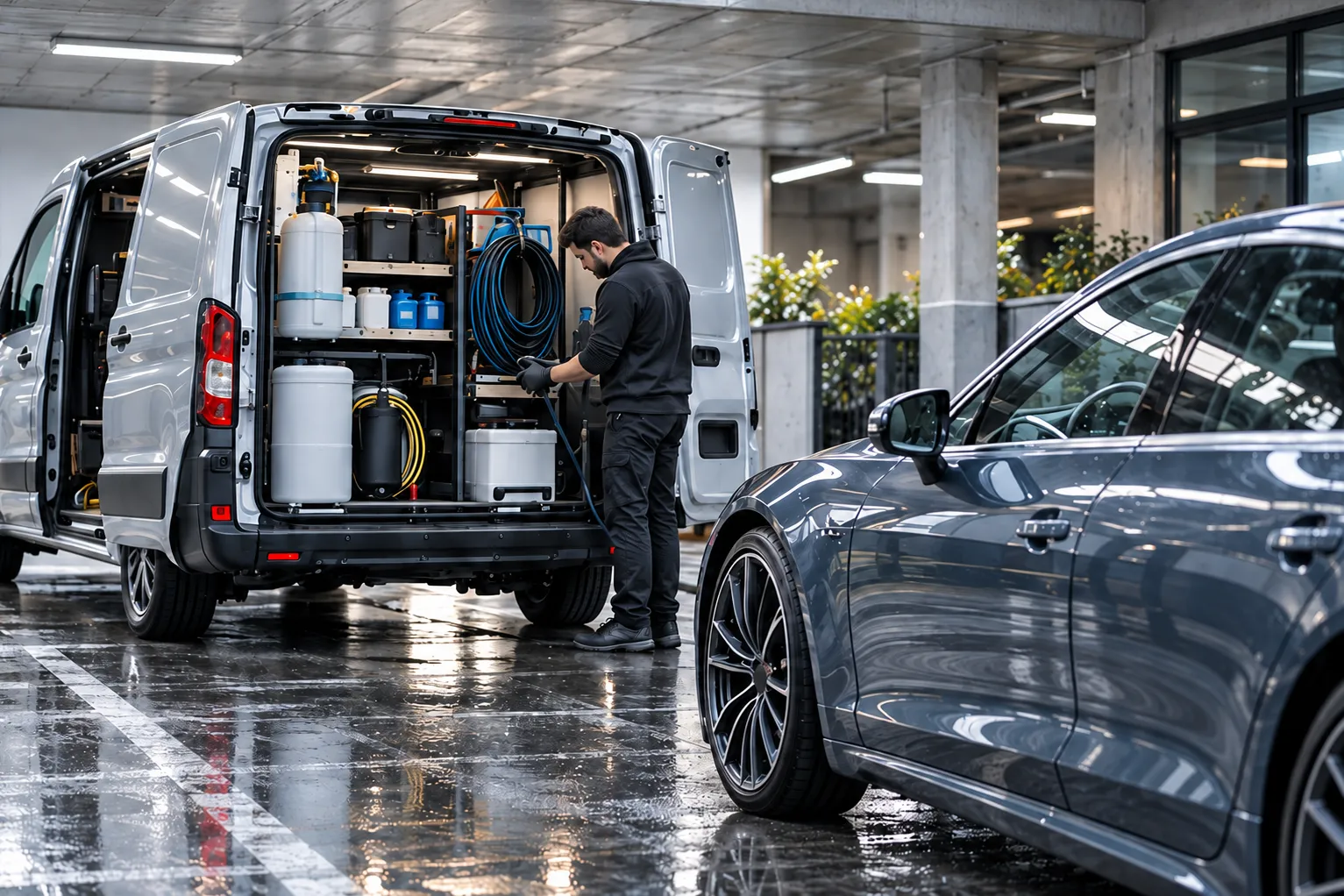 A pale silver van with its side door open on tidy shelves, a water tank and coiled hoses, a detailer at work beside a steel-blue saloon