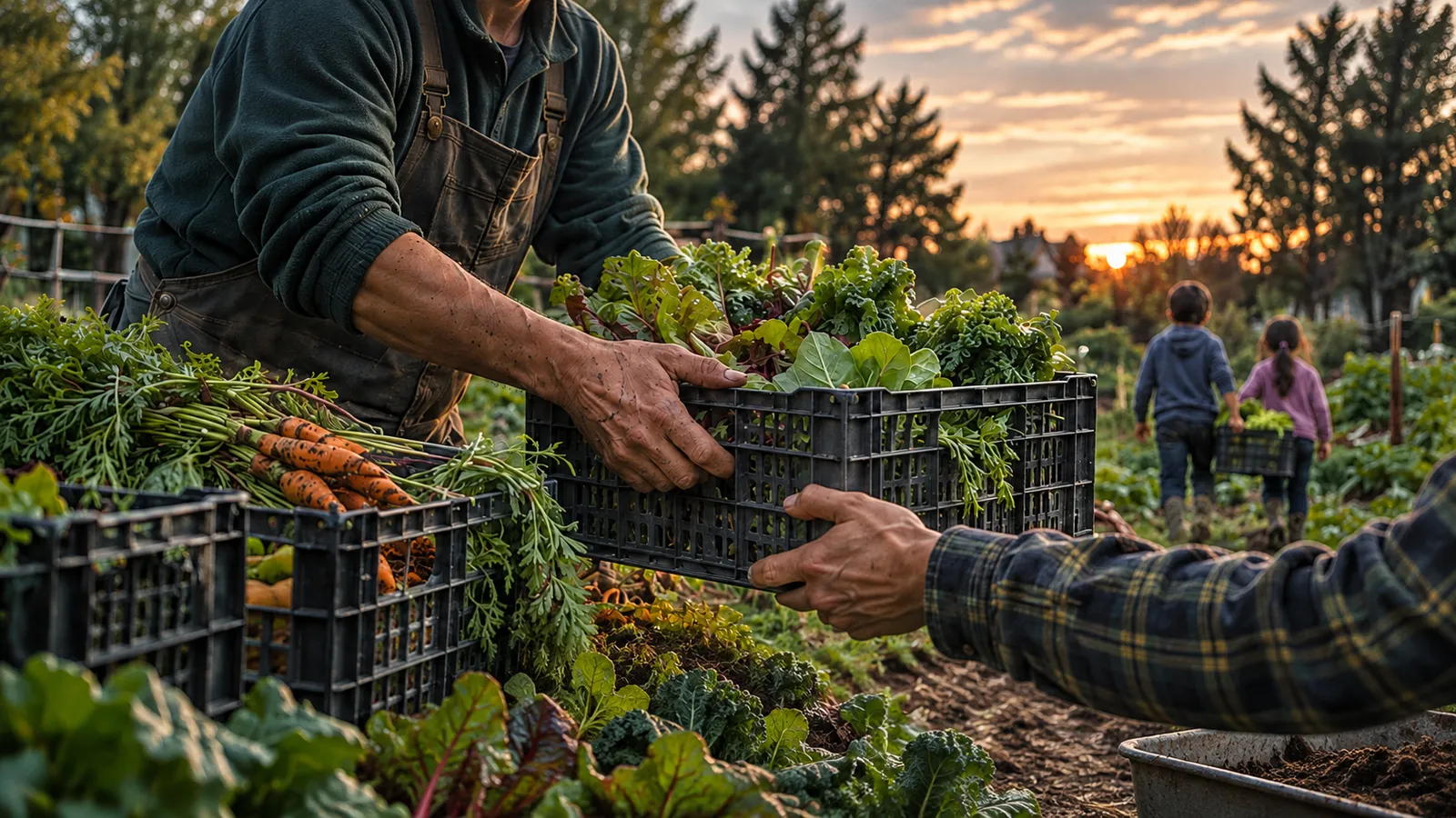 Hands pass a crate of fresh greens and carrots across a community garden at dusk, two children walking away along the path