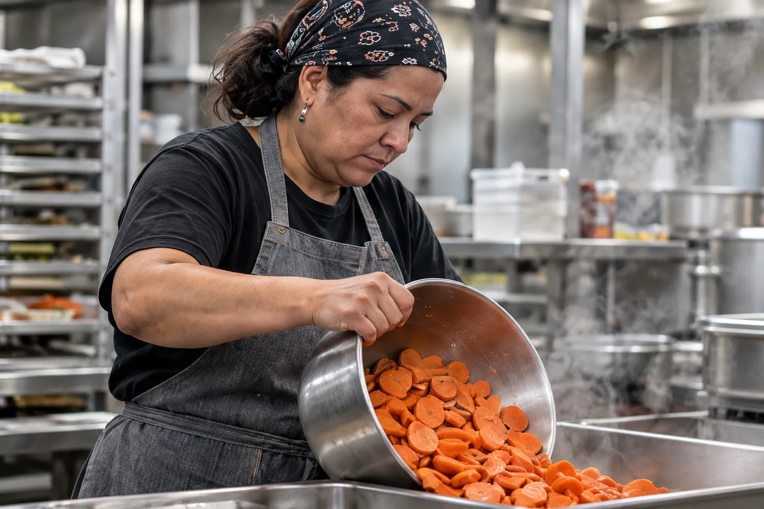 A school cook in an apron tips sliced carrots from a steel pot into a tray in a busy kitchen