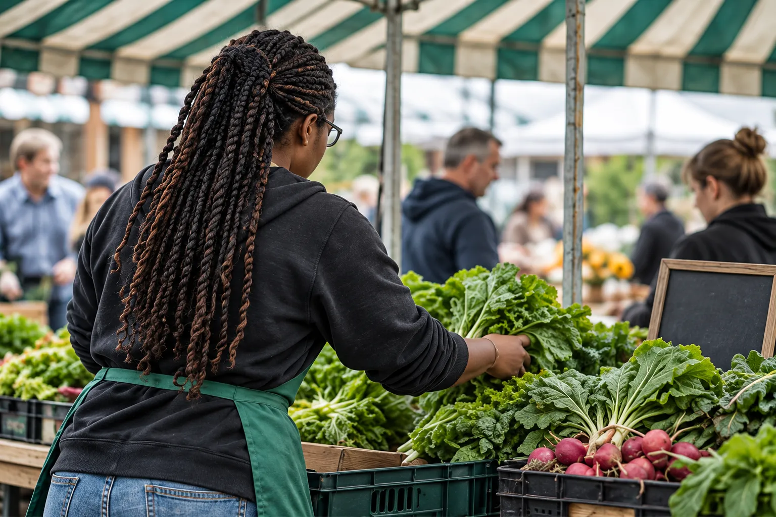 A young grower seen from behind arranges greens and radishes under a striped market canopy