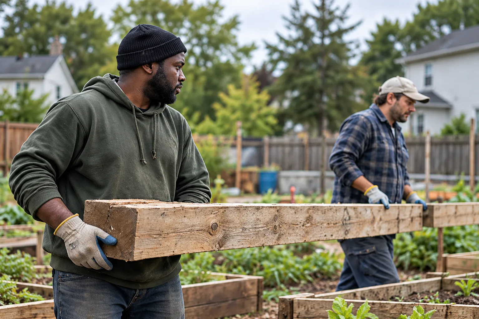 Two neighbours carry a timber plank past new raised beds on a former vacant lot