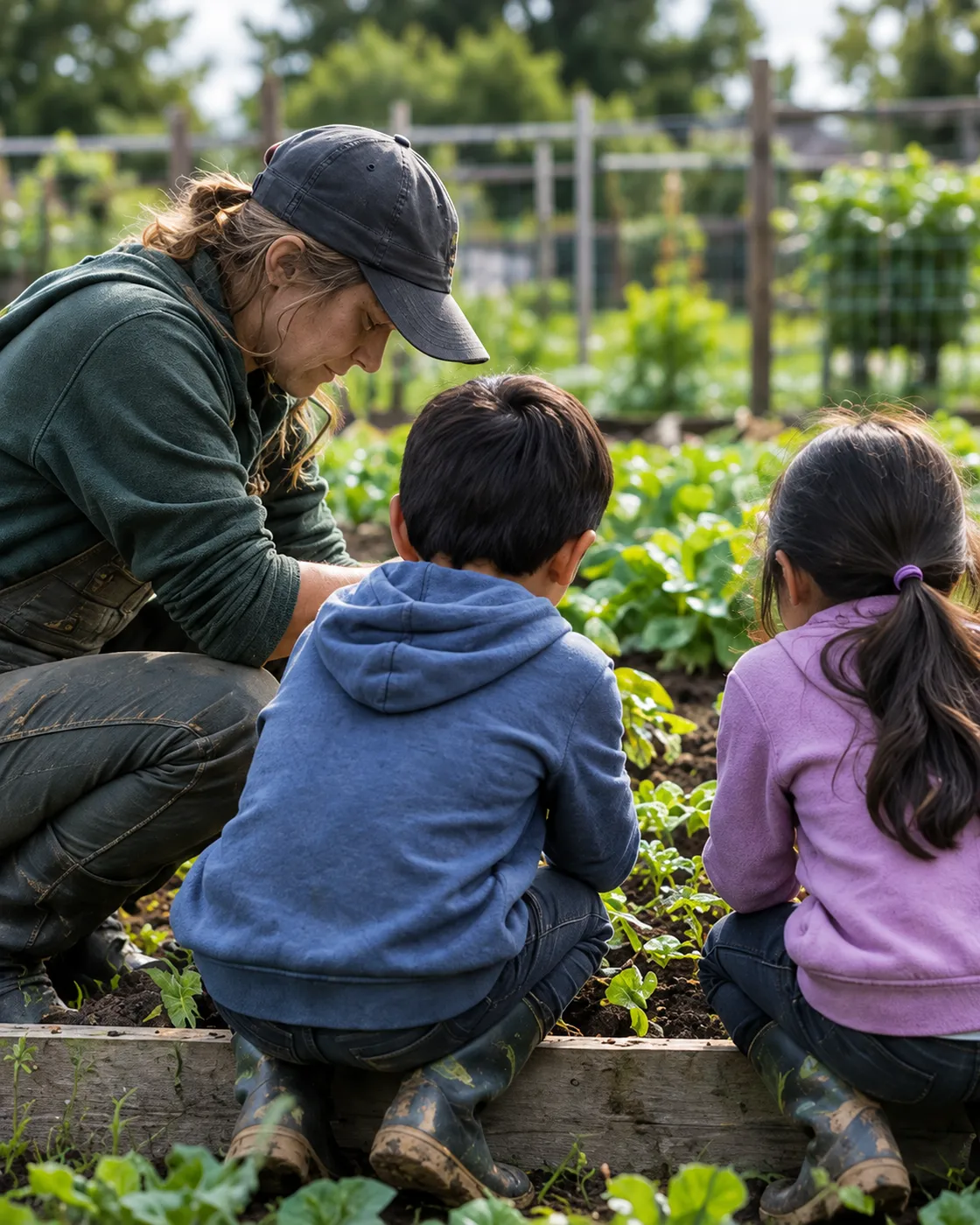 A mentor grower kneels beside raised beds showing seedlings to two children seen from behind