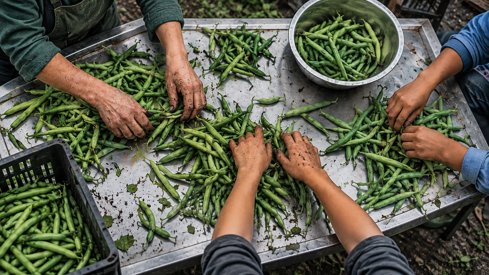 Soil-streaked hands sorting fresh green beans across a steel worktable, seen from above