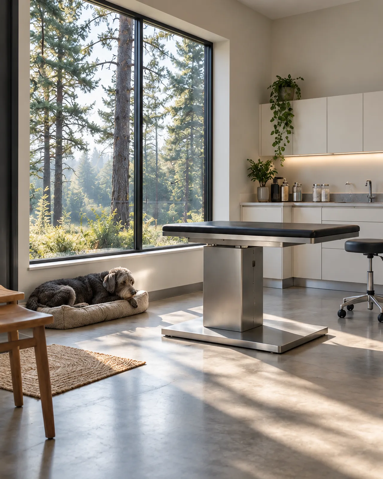 The consult room: a steel table on a pedestal, pale cabinets and a tall window onto the pines, a grey dog asleep on a bed by the glass