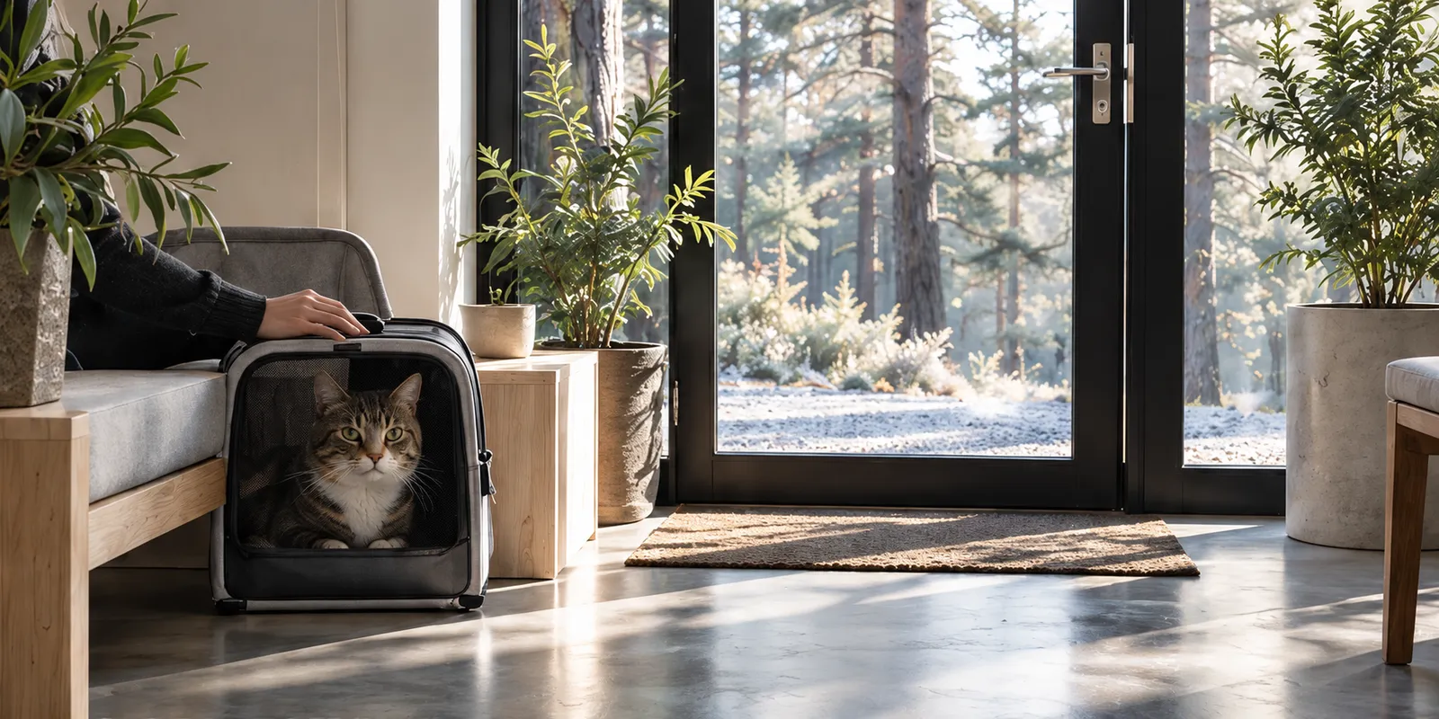 The cat waiting side: a tabby cat looking calmly out of its carrier on an oak bench, a glass door onto the pines behind
