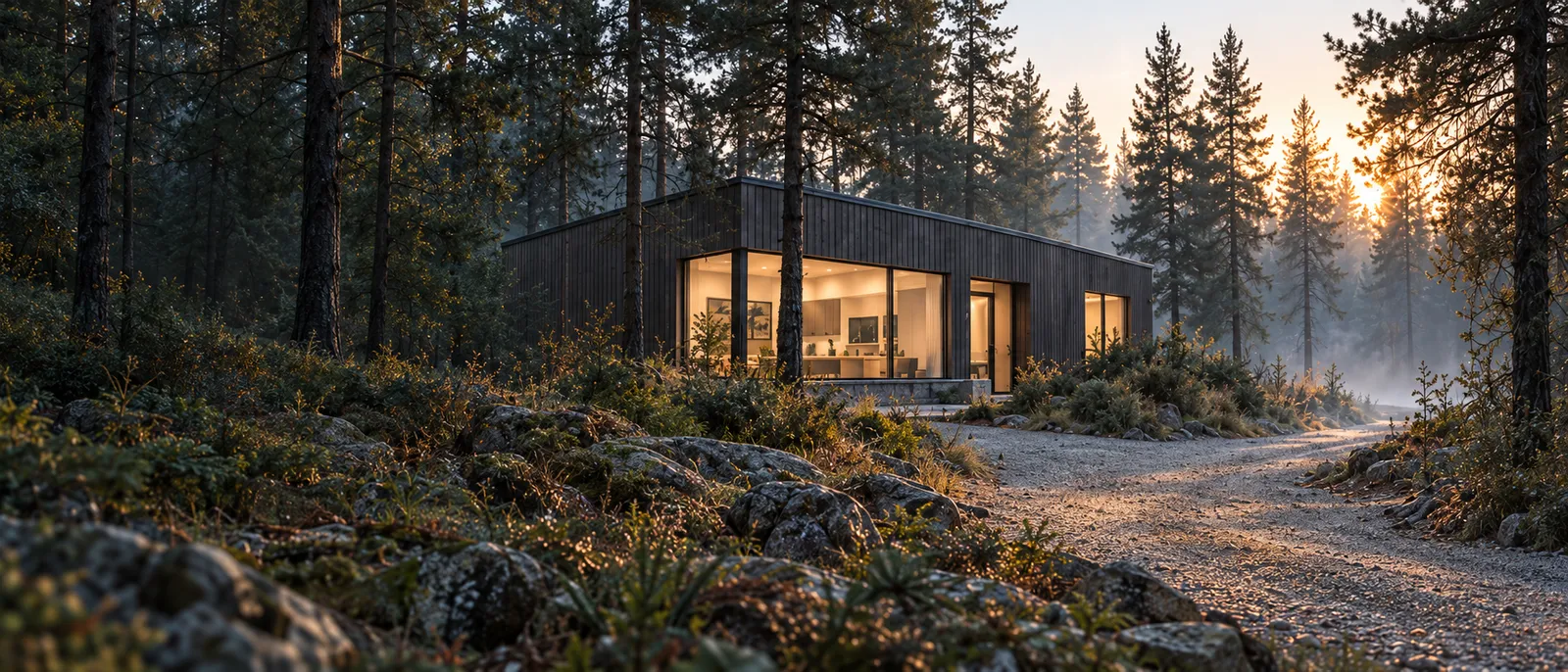 The practice at first light: a low timber building with lit windows at the edge of the pine wood, a gravel track leading to it