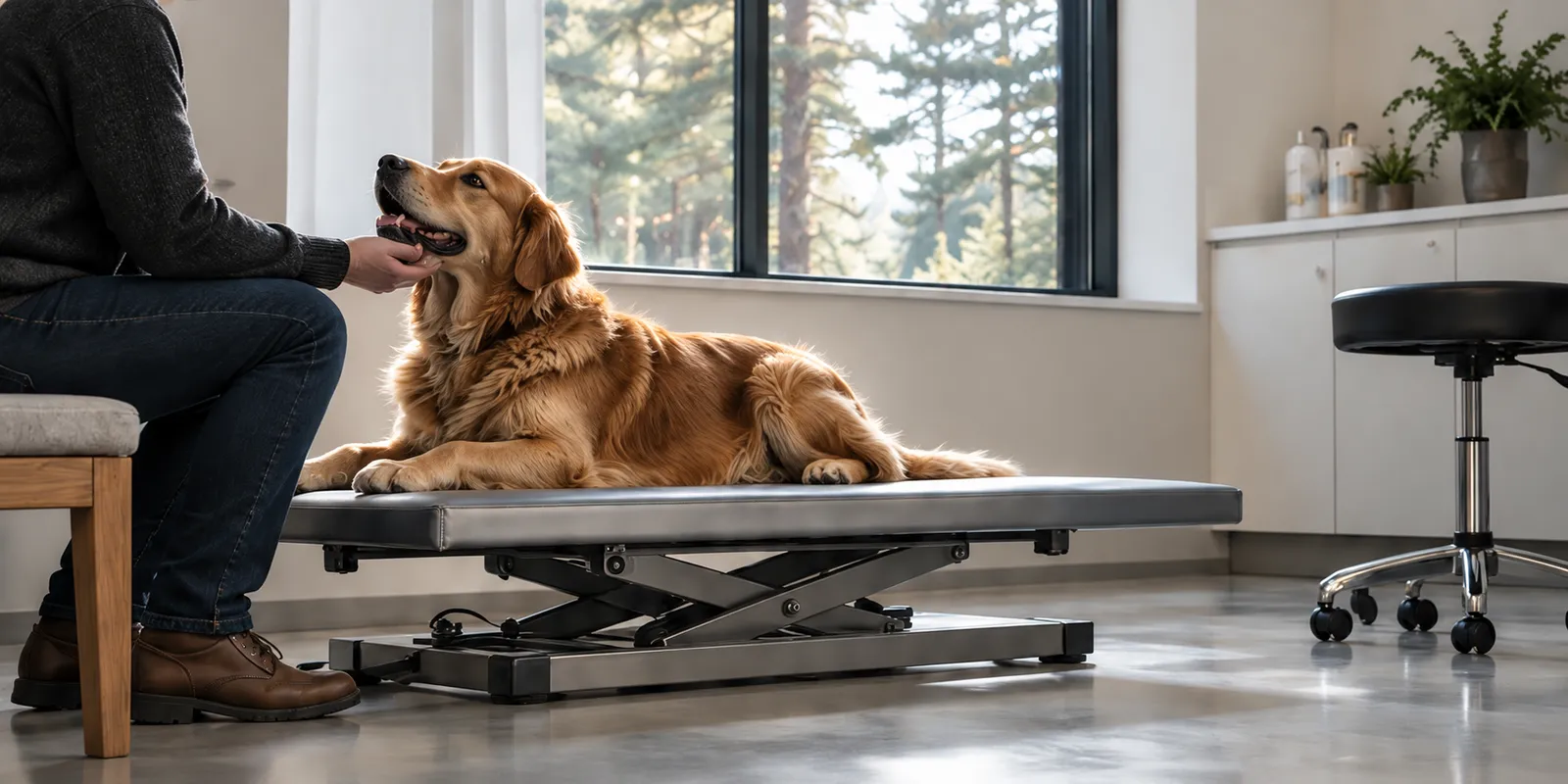 A golden retriever lying relaxed on a low padded table, its owner's hand on its head, a window onto the pines behind