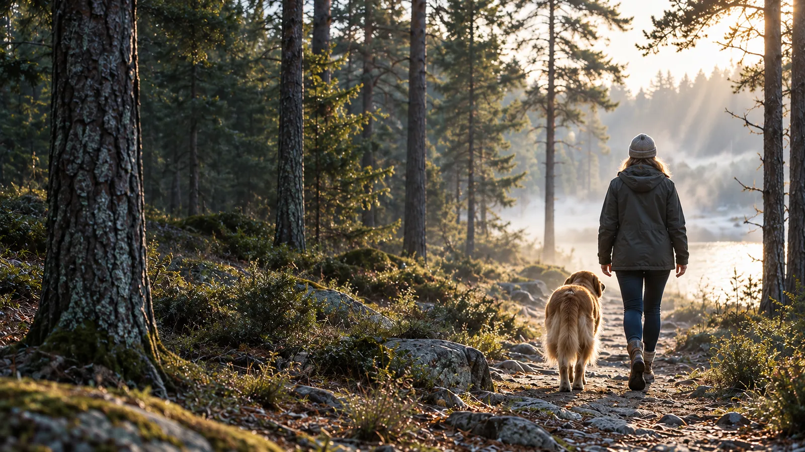 A woman in a dark parka and beanie, seen from behind, walking a golden retriever down a rocky path through a misty pine wood