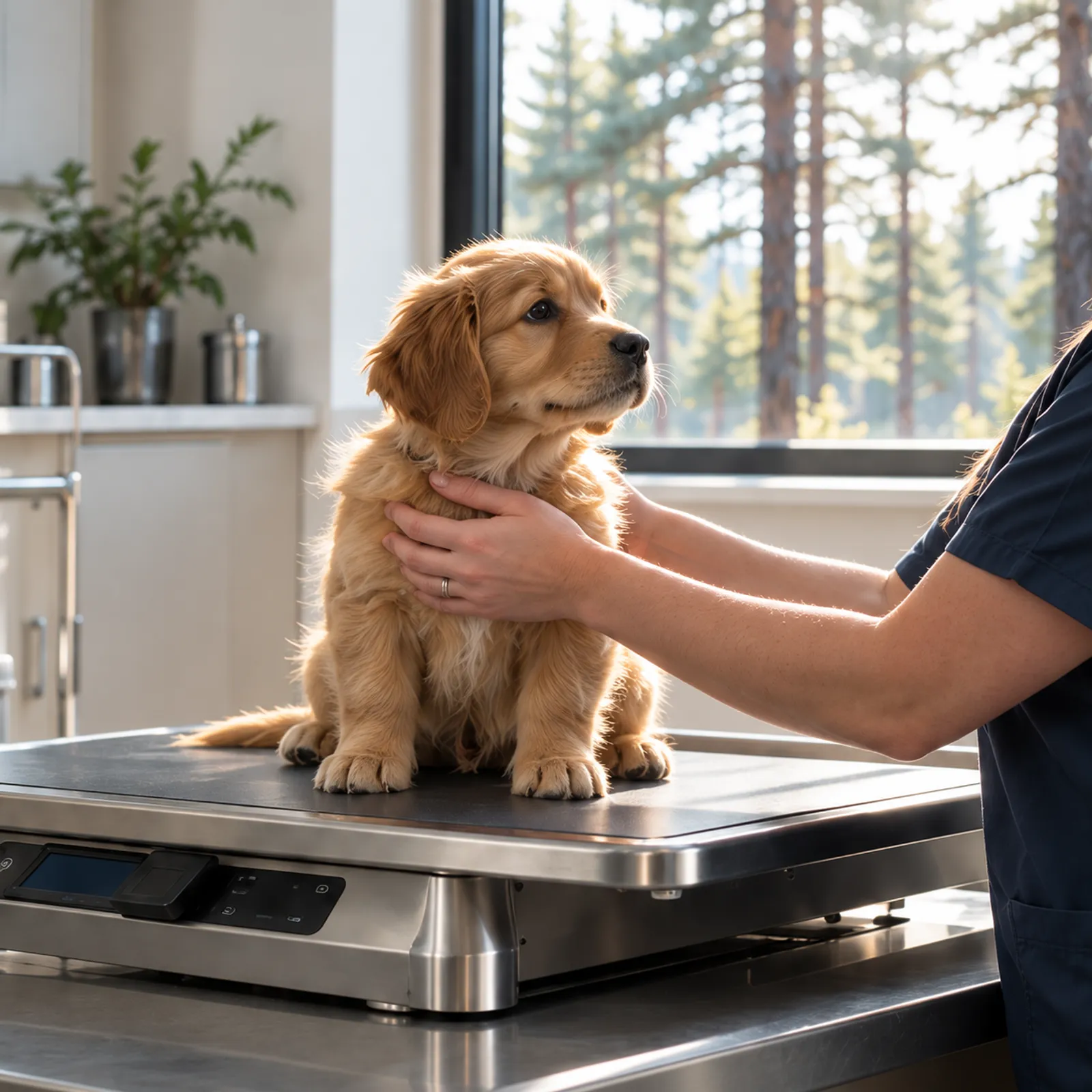 A golden retriever puppy sitting on the practice scales, a nurse's hands steadying it