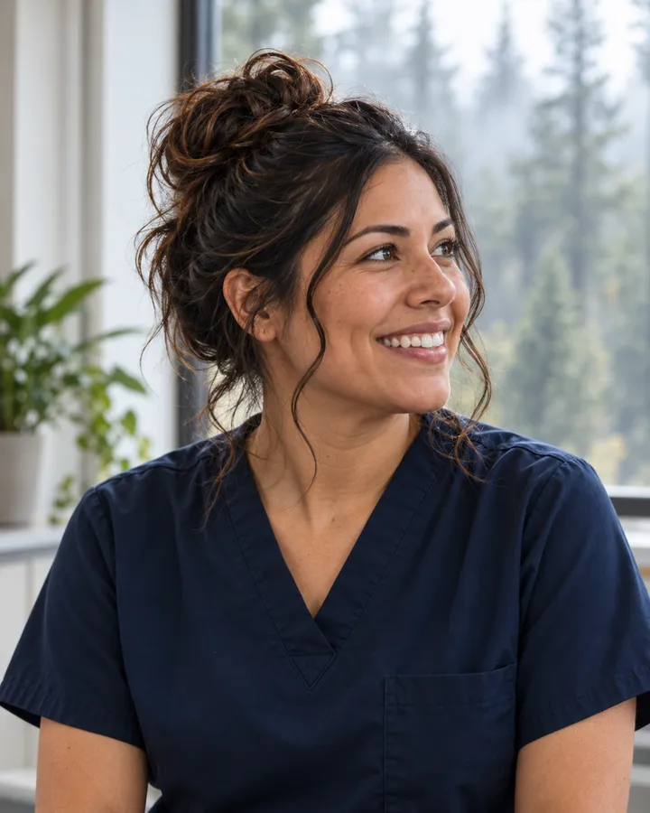 Portrait of Lina Reyes in navy scrubs, her hair in a bun, smiling