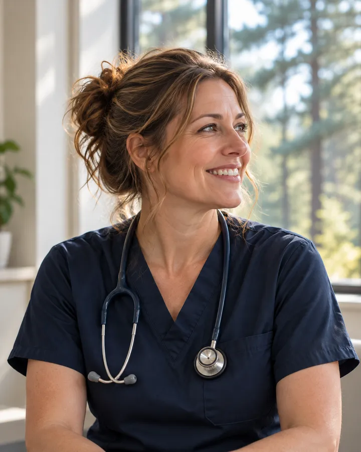 Portrait of Dr Marta Keane in navy scrubs with a stethoscope, smiling, pines through the window behind her
