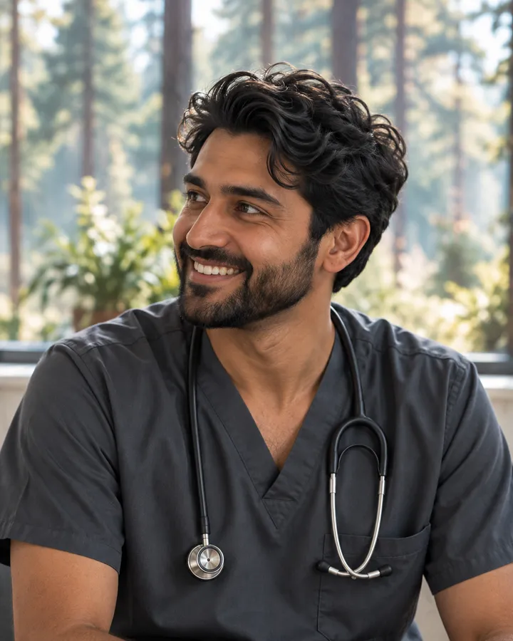 Portrait of Dr Owen Shah in grey scrubs with a stethoscope, smiling and looking aside