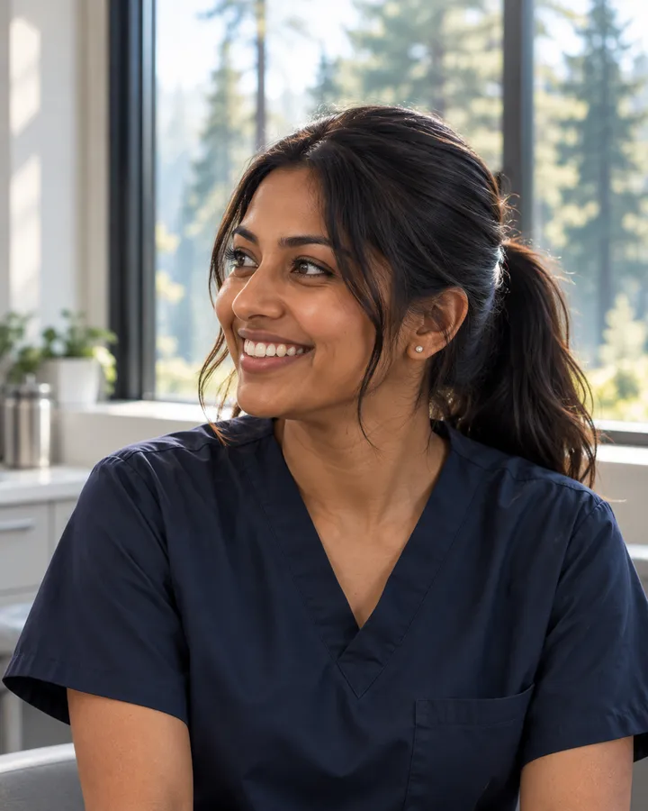 Portrait of Priya Nair in navy scrubs, smiling and looking aside