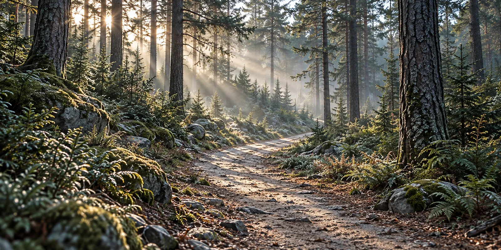 An empty sandy track curving away between tall pines, morning sun falling through the mist