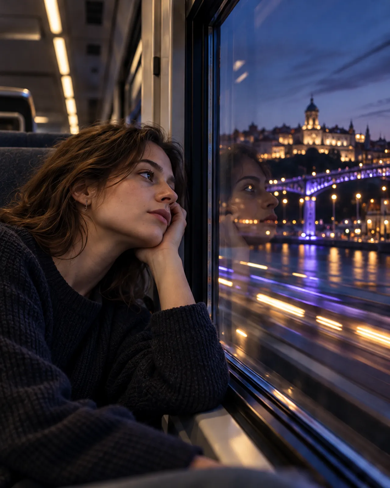 A young woman resting her chin on her hand at a night-train window, her reflection in the glass and a lit city streaking past
