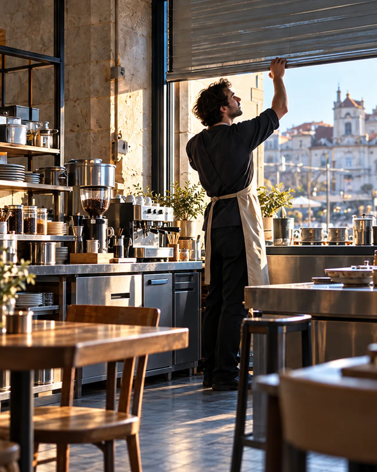 A café owner in an apron raising a steel shutter at dawn, stone walls and steel counters inside, the city outside