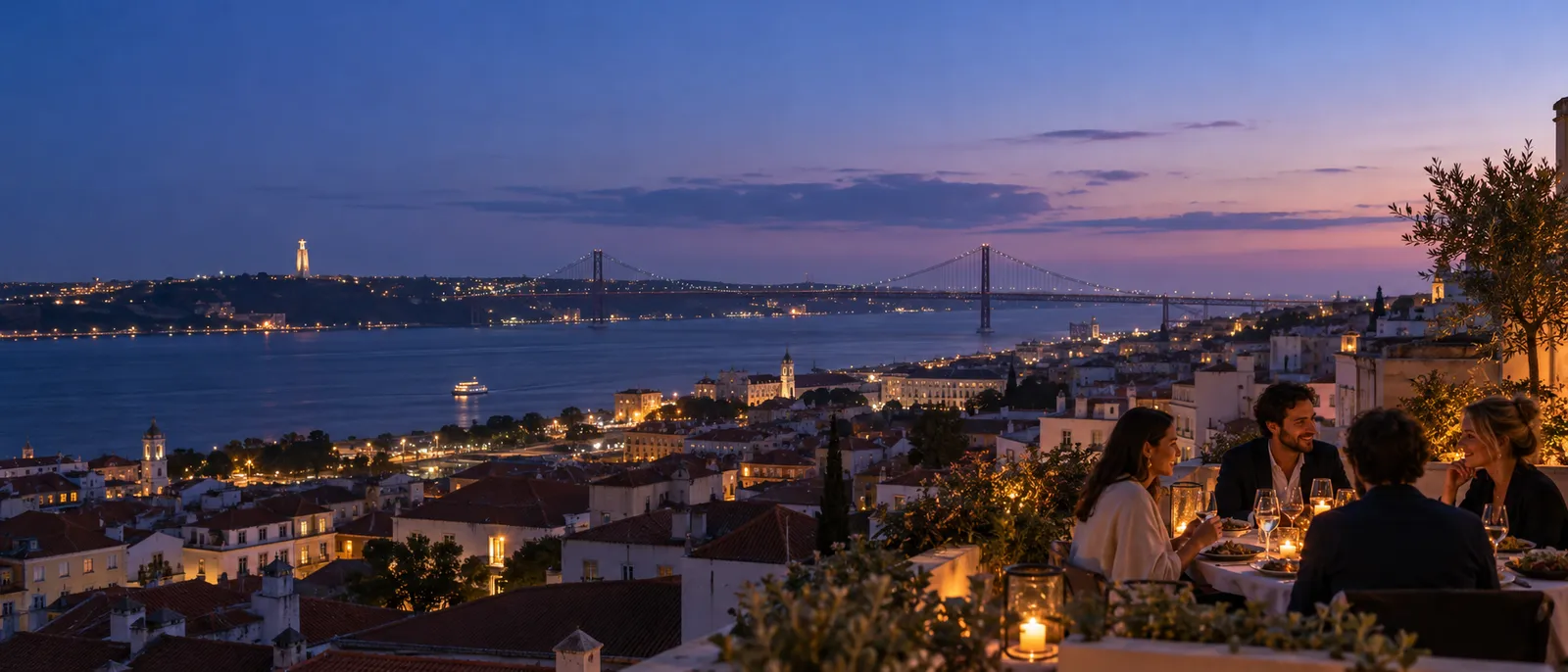 Blue hour over Lisbon from a rooftop: the river, a suspension bridge and city lights, friends at a candle-lit dinner on the right
