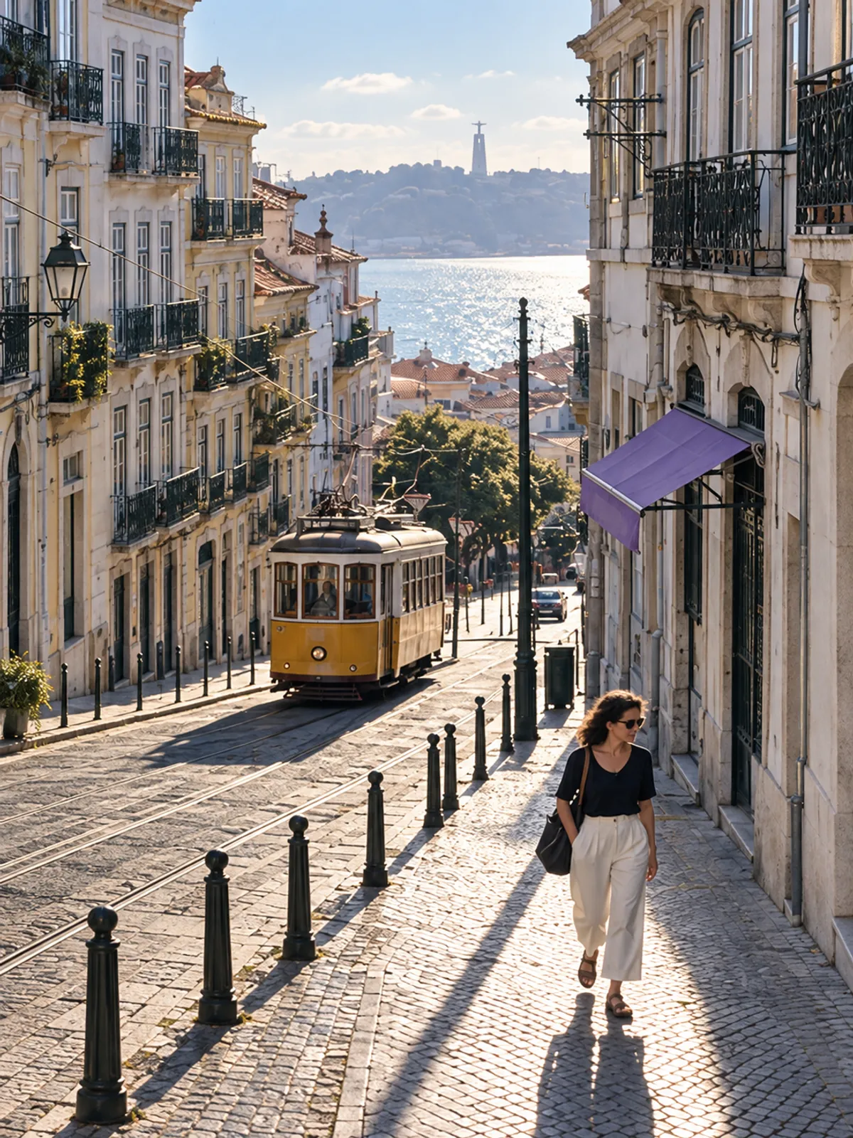 A Lisbon street of pale façades from a high window: a yellow tram, a violet awning and a woman walking in the sun, the river beyond