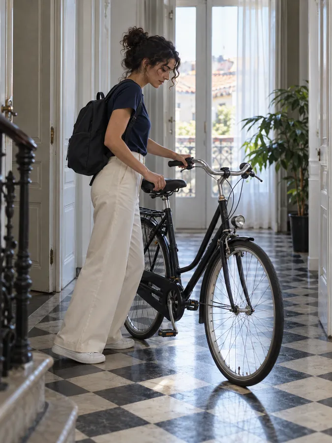 The same woman with a backpack lifting a black bicycle in a hallway with a chequered floor