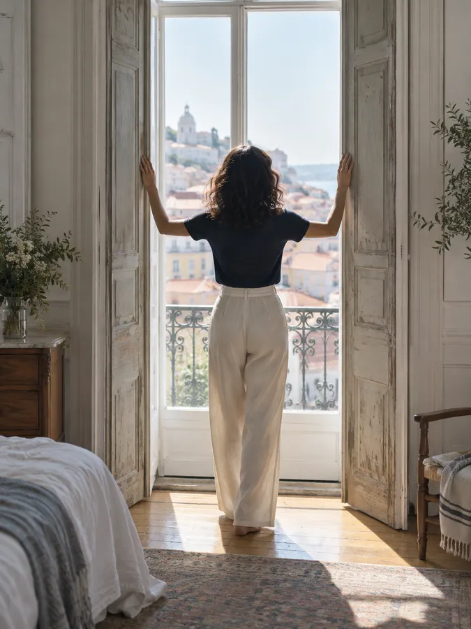 A woman opening tall wooden shutters onto a bright Lisbon morning, seen from behind